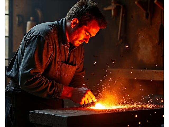 Maître artisan ferronnier travaillant le métal incandescent dans son atelier.