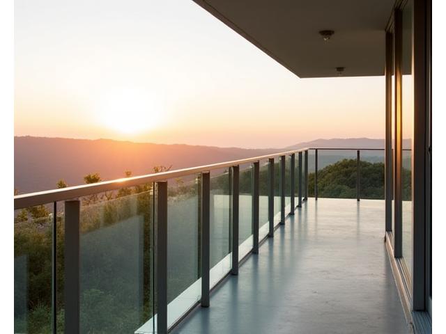 Garde-corps de terrasse moderne en verre trempé et montants en acier, vue sur un paysage, Atelier Roulant