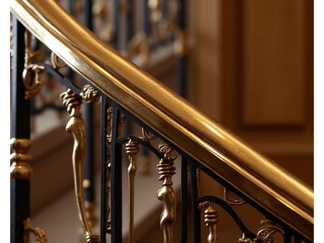 Rampe d'escalier Art Déco en laiton poli et fer forgé, Atelier Roulant